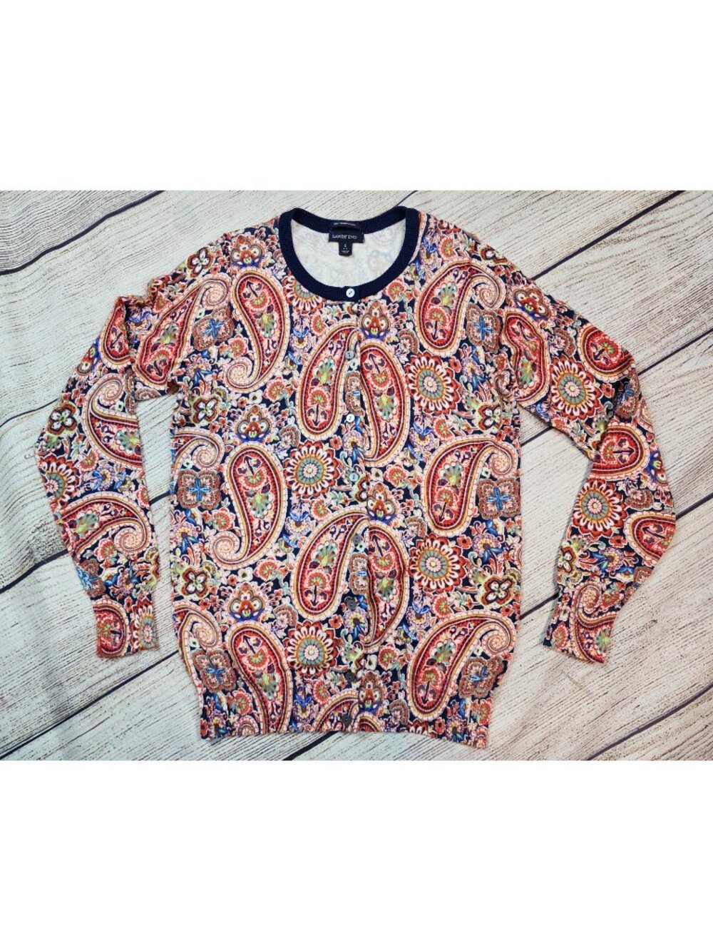 Lands End Small Floral Paisley Button Cardigan Sweater 100% Supima Cotton Preppy
